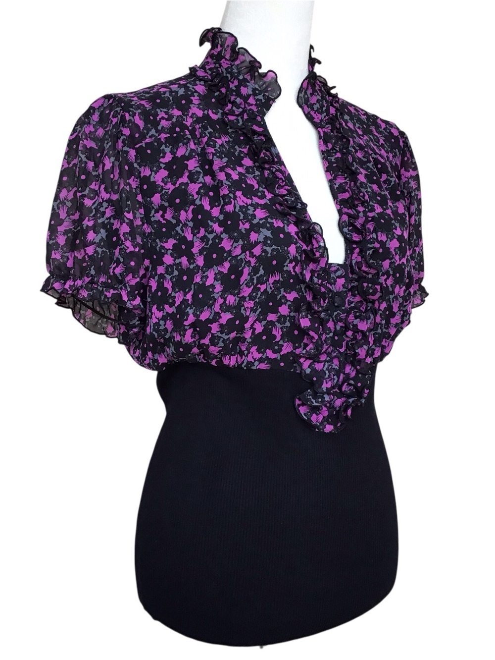INC International Concepts Silk Floral Short Ruffle Trim Puff Sleeve Blouse New